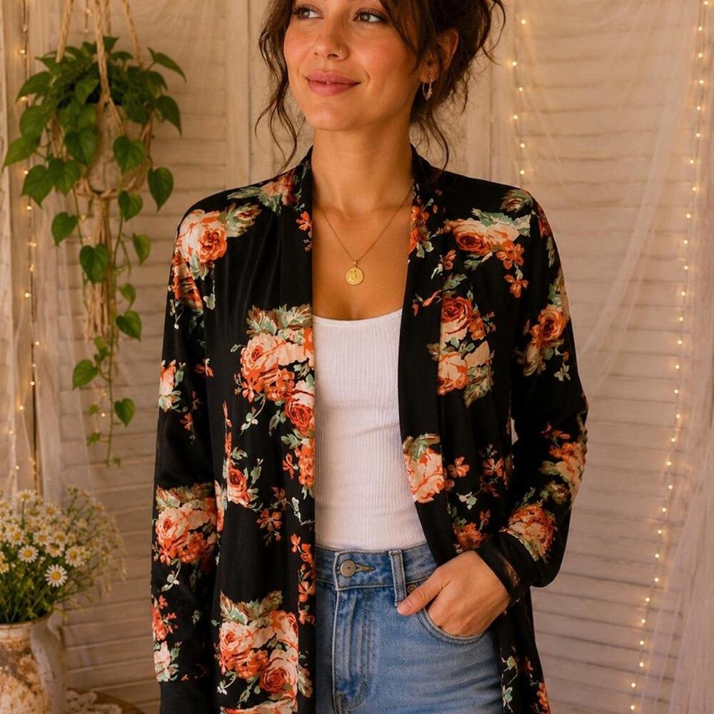 Black Floral Cardigan with Orange Flowers